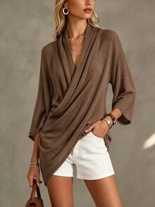 Linhara CURVE Plus Size Women's Casual Solid Color Cross Neck 3/4 Sleeve Ruched Blouse, Suitable For Autumn Indoor And Outdoor Wear Fall - Brown - View 1