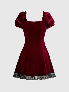 Sweetness Autumn/Winter Gothic Dark & Contrast Lace Mini Dress For Women - Burgundy - View 2