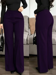 SHEIN LUNE 大尺碼女款純色休閒優雅百搭日常寬腿長褲 秋季 - 紫色 - 查看 1