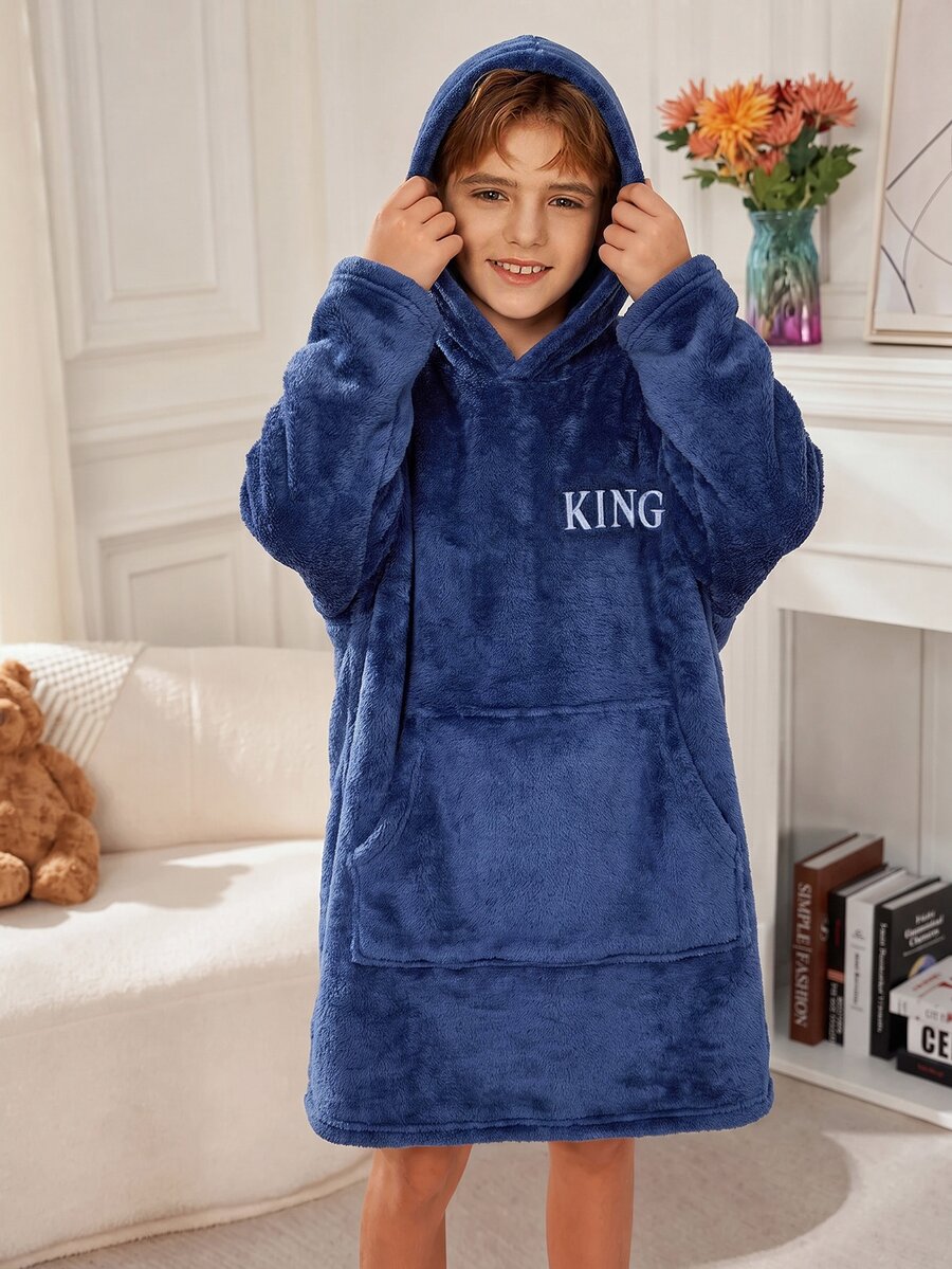 SHEIN 青少年男孩秋冬款精緻Logo圖案 KING Little King 標誌圖案連帽長袖袋鼠口袋抓絨長款睡褲 - 彩色 - 查看 1