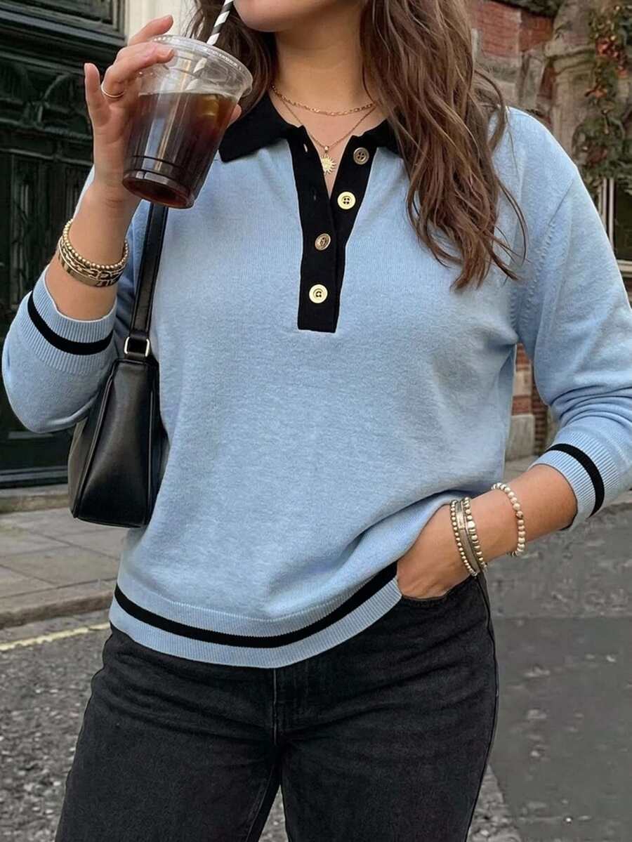 Livesso Fun Colorblock Patchwork Polo Collar Casual Short Sleeve Plus Size Women Spring Summer Knit Top - Baby Blue - View 1