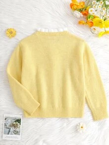 SHEIN 女童針織刺繡拼色立領休閒秋季開襟衫 - 黃色 - 查看 4