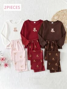 SHEIN 女童杏色羅紋熊圖案長袖上衣與休閒熊圖案長褲居家套裝 節慶穿搭 秋冬款 - 彩色 - 查看 8