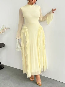 Firerie Plus Size Women's Solid Color Stand Collar Bell Sleeve Patchwork Ruffle Elegant Dress - Yellow - View 4