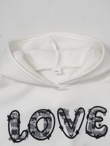 SHEIN 青少年女孩短版連帽衛衣 + 鬆緊腰寬腿長褲 2件套，LOVE字母印花短版連帽衛衣，愛心與花朵塗鴉長褲，秋季休閒女孩套裝度假套裝 - 藍色 - 查看 4