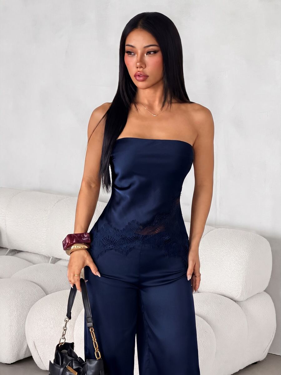 SHEIN PETITE Women's Satin & Lace Patchwork Bandeau Top And Long Pants 2 Pieces Set - Navy Blue - View 1