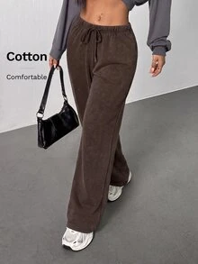 SHEIN PETITE Women's Casual Streetwear Athleisure Low-Waist Straight Sweatpants Suitable For Summer Washed Wide Leg Comfy Oversized Lounge Work Petite Dark Grey - Coffee Brown - View 7