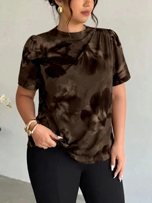 Firerie Casual Romantic Floral Pattern Fabric Plus Size Coffee Color Short Sleeve Shirt - Multicolor - View 6