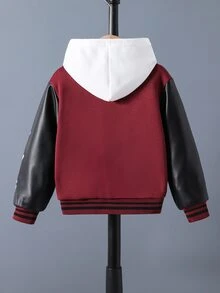 SHEIN 黑色皮革與紅色針織字母印花運動衫，時尚舒適，適合秋冬戶外穿著 - 酒紅色 - 查看 2