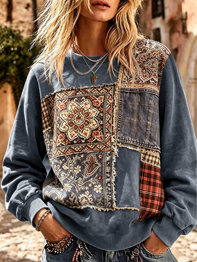 Breezaya Plus Size Women's Vintage Boho Floral Plaid Print Patchwork Sweatshirt, Long Sleeve Crew Neck Pullover Casual Loose Streetwear Top, Fall Women