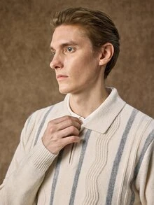 Manfinity CityGents 男士 Polo 領半拉鍊長袖套頭毛衣，休閒針織秋冬服飾，米色與白色拼接寬鬆版型通勤穿搭，直條紋與波浪圖案套頭毛衣 - 米色 - 查看 2