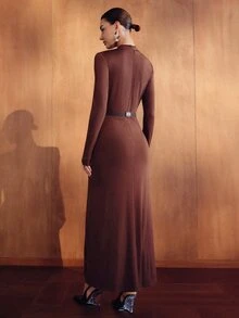 MOTF PREMIUM WOMEN'S ELEGANT HOLLOW OUT SEXY LONG SLEEVE FRONT SLIT DRESS - Coffee - View 7