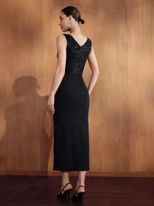 MOTF PREMIUM WOMEN'S AUTUMN/WINTER TEXTURED & PLAIN PATCHWORK PLEATED LONG DRESS WITH METAL BUCKLE - Black - View 7