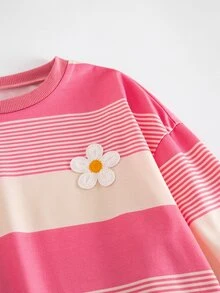 SHEIN 青少年女孩條紋圓領長袖運動衫與運動長褲休閒套裝 - 粉色 - 查看 6