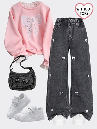 SHEIN Elladie kids Tween Girls' Denim Jeans, Medium Blue Color, Elastic Waistband Button Fly, Comfortable Loose Straight Leg Pants, Cute Bow Embroidery All-Season Casual