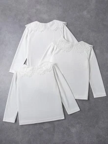 Elladie kids 女童白色 3 件組長袖 Polo 衫，彼得領配精緻愛心鈕扣，基本純色修身長袖 T 恤，適合返校季 - 白色 - 查看 2