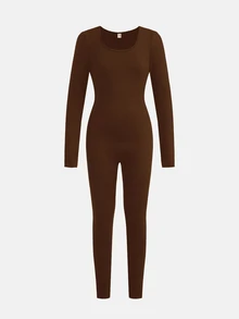Jumpsuit Kasual Harian untuk Anak Perempuan Remaja, Leher Persegi, Pas Badan, Warna Cokelat Sporty - Coklat - View 3