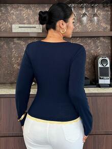 Dazy Plus Contrast Color Patchwork V-Neck Solid Color Sexy Elegant Long Sleeve T-Shirt - Navy Blue - View 2