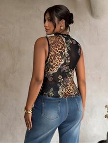 Firerie Plus Size Women's Patchwork Leopard Print Cutout Design Fitted Sexy Tank Top - Multicolor - View 2