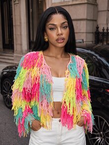 BamGleam Autumn/Winter Fashion Pure Handmade Crochet Tassel Cardigan Long Shirt - Multicolor - View 3