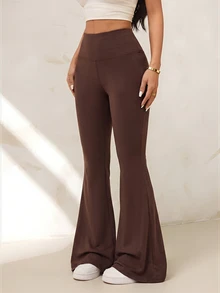 SHEIN PETITE 女款純色高腰休閒百搭日常喇叭褲 - 棕色 - 查看 3