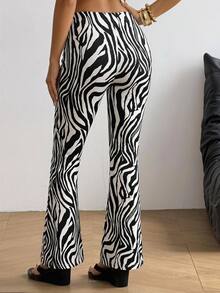 SHEIN EZwear Women's Zebra Print Casual Daily Wear Flare Pants - Black and White - View 3