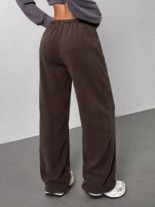 SHEIN PETITE Women's Casual Streetwear Athleisure Low-Waist Straight Sweatpants Suitable For Summer Washed Wide Leg Comfy Oversized Lounge Work Petite Dark Grey - Coffee Brown - View 4