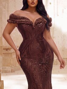 Elovaire Autumn/Winter Elegant Classy Sequin Off-Shoulder Backless Mermaid Hem Formal Evening Dinner Gown, Wedding Guest Dress, Graduation Ceremony Brown - Brown - View 6