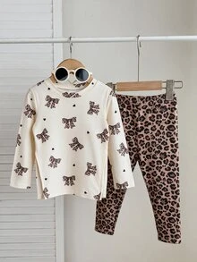 Bubblio Baby Girl Sporty Casual Knitted Bear Print Long Sleeve Top And Geometric Pattern Leggings Set - Multicolor - View 3
