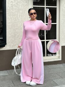 Muchica Plus-Size 2 Pieces Casual Sportswear Set: Pink Long-Sleeve Crew-Neck Top And Loose Pants With Side Stripes (Autumn Style) - Pink - View 7
