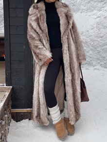 SHEIN EZwear Women's New Brown Long Faux Fur Collar Coat, Winter - Beige - View 7