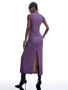 LYSMO Gaun Panjang Wanita Tanpa Lengan dengan Desain Eyelet dan Belahan di Bagian Bawah, Kerah Tegak - Purple - View 2