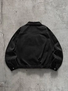 AXEPEAK 男士水洗黑/灰色拉鍊刺繡長袖夾克 - 黑色 - 查看 2