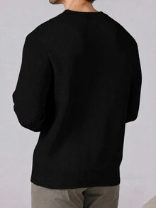 Manfinity Homme 男士純色圓領長袖休閒毛衣，秋冬款 - 黑色 - 查看 6