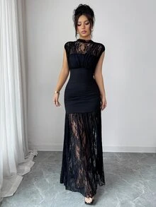 SHEIN PETITE Women's Contrast Lace Cap Sleeve Fitted Elegant Dress - Black - View 8