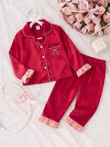 Girls' Solid Satin Ruffle Sleeve Long Sleeve Top And Pants With Pockets And Embroidery 2 Pieces Set, Spring/Autumn - Burgundy - View 3