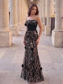 Poshira Women's Sequin Embroidered Patchwork Wedding Dress Satin Strapless Long Formal Evening Gown (Heavy Workmanship Style) - Navy Blue - View 4