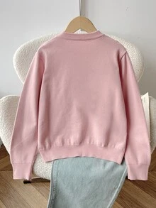 SHEIN Tween女孩秋冬優雅可愛奶油多巴胺粉色3D蝴蝶結荷葉邊提花套頭毛衣，適合日常穿著與秋冬外出 - 粉色 - 查看 2
