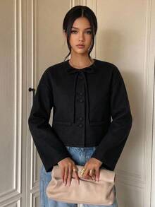 SHEIN 青少年女孩秋冬優雅黑色鈕扣裝飾短款大衣，返校季加厚冬季外套 - 黑色 - 查看 4