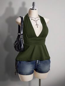 SHEIN ICON 大尺碼 V 領收腰 A 字版型露背黑色細肩帶背心，復古哥德性感 Y2K 掛脖娃娃上衣，夏季電音派對外出上衣 - 軍綠色 - 查看 8