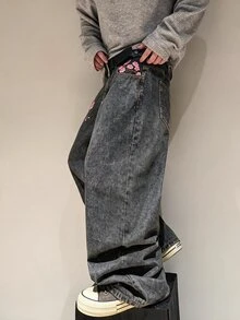STEELVANCE 街頭風極簡精緻桃花刺繡設計百搭寬鬆寬腿牛仔褲 - 灰色 - 查看 4