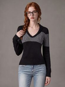 SHEIN Women's Chic Casual Daily Long Sleeve Black Cable Knit Top Sweater Slim Fit V-Neck Fall Winter Going Out Date Night Dinner - Dark Grey - View 5