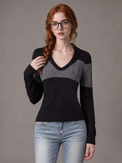 SHEIN Sweater Lengan Panjang Kasual Harian Wanita dengan Motif Blok Warna