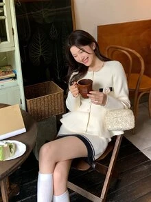 DAZY Women's French Style Button Ruffle Hem Sweater And Striped Knit Skirt 2 Pieces Set - Black and White - View 9