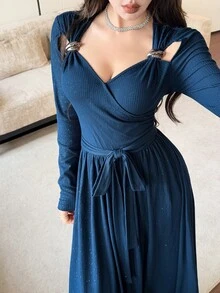 Feyla Metal Decor Hollow Long Sleeve Flared Pink Starry Blue Knit Women's Dress - Blue - View 2