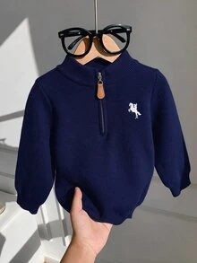 SHEIN 中性嬰兒男孩/女孩、幼兒秋冬保暖內裡加厚立領半鈕扣開襟針織衫，保暖加厚 - 藏蓝色 - 查看 4