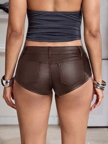 TRNVIE Y2K Sexy Faux Leather Coated Low Waist Mini Shorts - Chocolate Brown - View 2