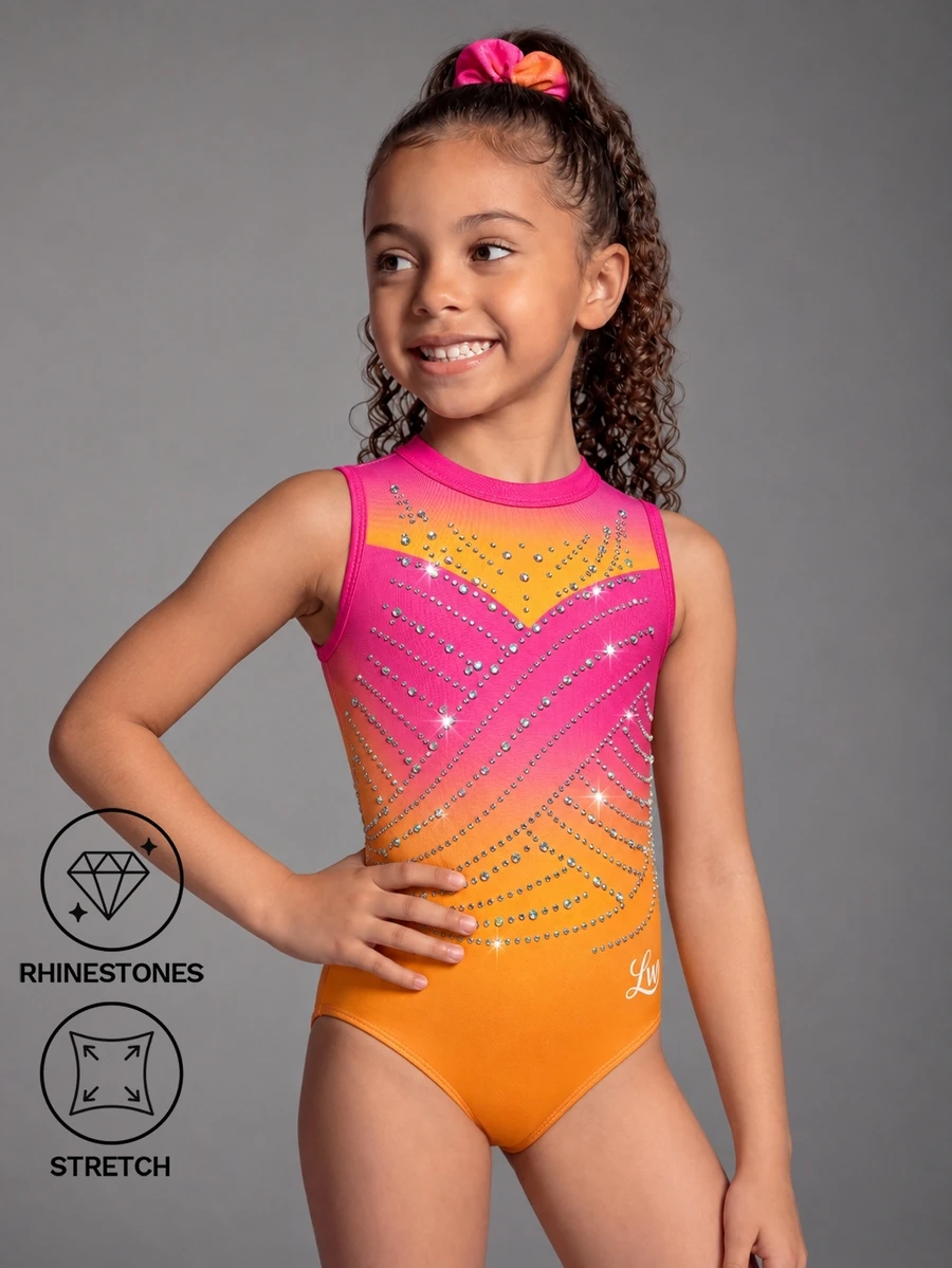 Young Girls' Sleeveless One-Piece Athletic Leotard, Gymnastics Suit With Full-Body Gradient Print And Colorful Rhinestones, Suitable For Yoga, Gymnastics Training, School Competitions, Skin-Friendly Stretch Fabric - Multicolor - View 1