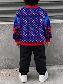 小男孩紅色聖誕萬聖節藍黑長袖圓領運動衫套裝，針織保暖內裡加厚冬季上衣童裝 - 彩色 - 查看 4