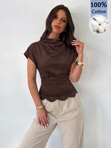 Firerie Women's Brown 100% Cotton Asymmetric Sleeve Ruched Waist Pleated Collar Blouse, All Season - Brown - View 3